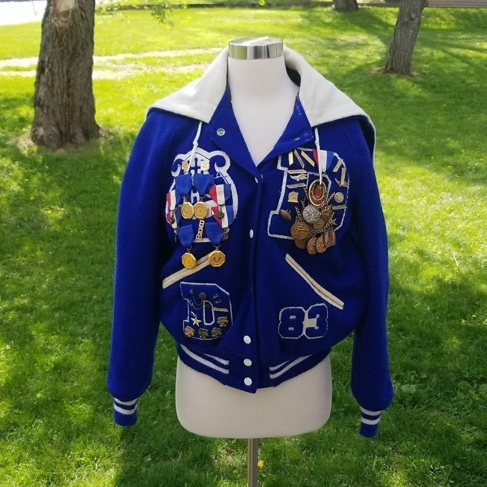 Vintage 80s Letterman Varsity Jacket 50 Metals Wool Blue White‎ Striped Bomber